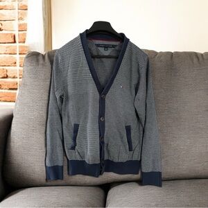 Tommy Hilfiger Sweater Adult Small Blue Cardigan Knit Pockets Striped Mens